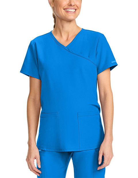 Cherokee Workwear Professionals Women's Maternity Mock Wrap Soft Knit Panel Solid Scrub Top (CCHN) | CK701A